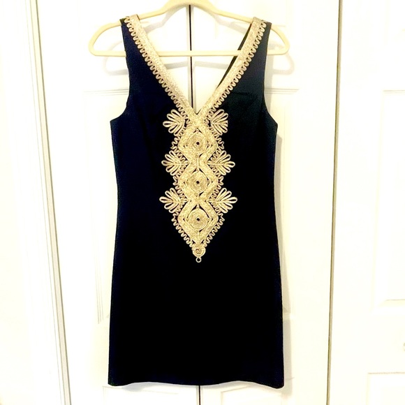 Lilly Pulitzer Dresses & Skirts - Lilly Pulitzer Gabby Navy Blue and Gold Trimmed Dress, Size 4, EUC
